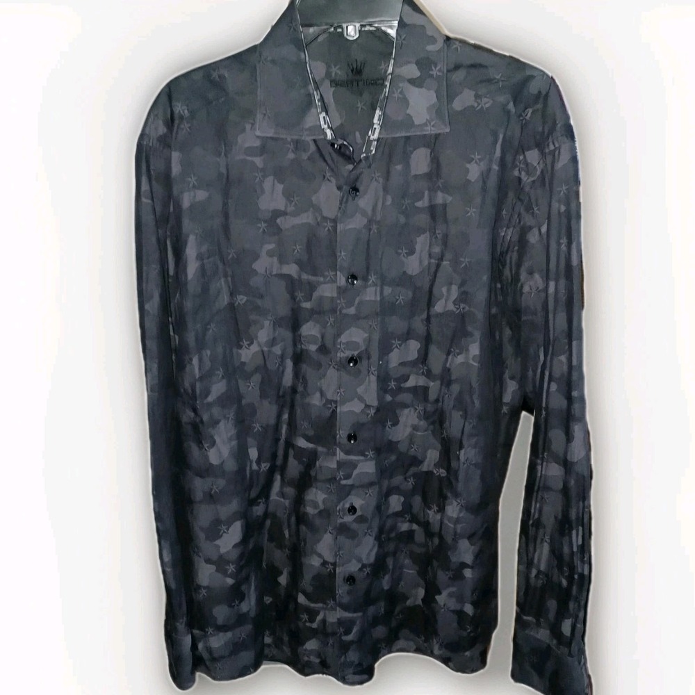 Bertigo Men Long Sleeve‎ Shirt Size L Button Down Black Gray Camo Stars Teacher
